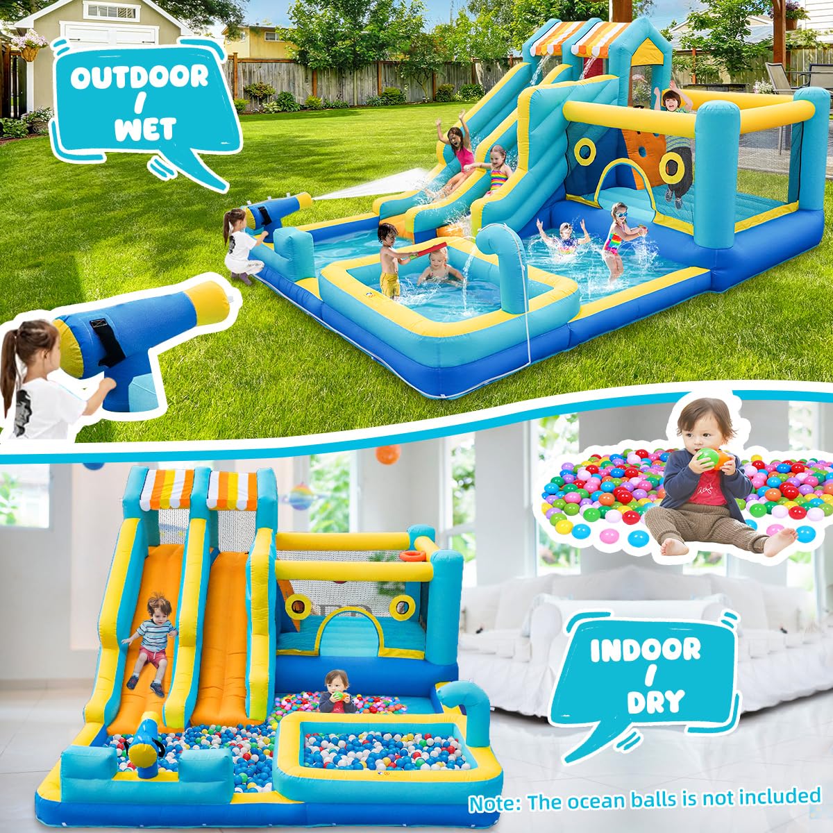Inflatable Bouncy Castle with Slide Trampoline and Ball Pit, Bounce House Indoor Outdoor with Air Blower for Toddler Garden Park Backyard Party Wedding Birthday Gift, 470 x 400 x 220 cm