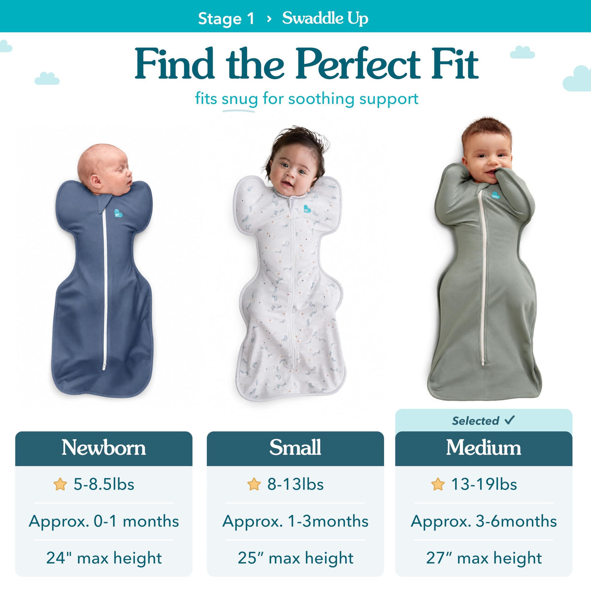 Love To Dream™ Swaddle UP™, Newborn 2.2-3.8 kg - Grey, Snug Fit, Supports Healthy Sleep Routine, 1.0 Tog - Ideal for 20-24°C Temperatures, Machine Washable Cotton & Double Zip for Easy Nappy Changes