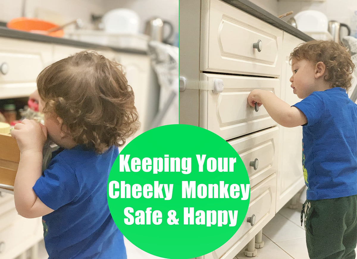 Cheeky Monkey® 4 Pack Cupboard Locks for Children, No Drill Baby Proofing