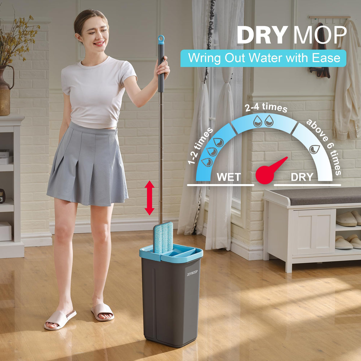 JOYMOOP Mop and Bucket with Wringer Set, Hands Free Flat Floor Mop and Bucket, with 3 Washable Microfiber Pads, Wet and Dry Use, Floor Cleaning System