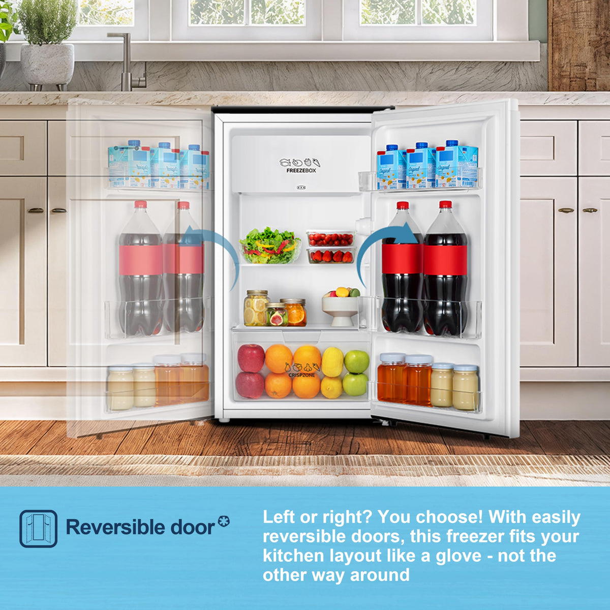 Fridgemaster 45L Table Top Mini Fridge MUR4545, 45cm Compact Refrigerator with Adjustable Thermostat, Reversible Door, 39dB Low Noise, White, Energy Class E