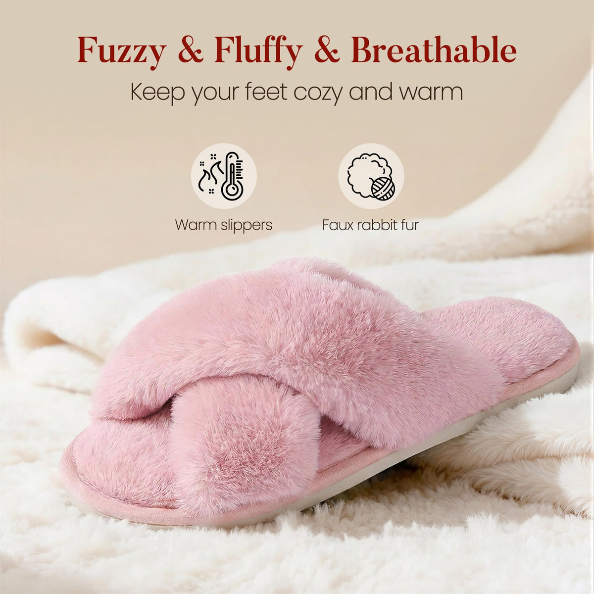 Ankis Women Slippers Fluffy Slippers Memory Foam, Cross Band Furry Open Toe Slippers Cozy Plush Home Shoes Indoor Outdoor Anti-Slide Slipper