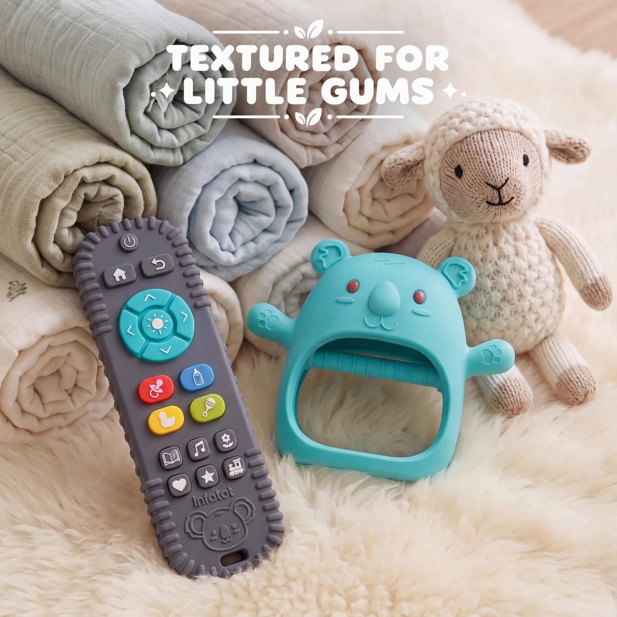 Infatot® Teething Toys for Baby Gifts – Chipmunk Silicone Mitten Teether, Soothing Glove for Infants, Baby Toys 0-6 Months, Soft Chewable Teether Toy to Prevent Finger Sucking, CM Blue.