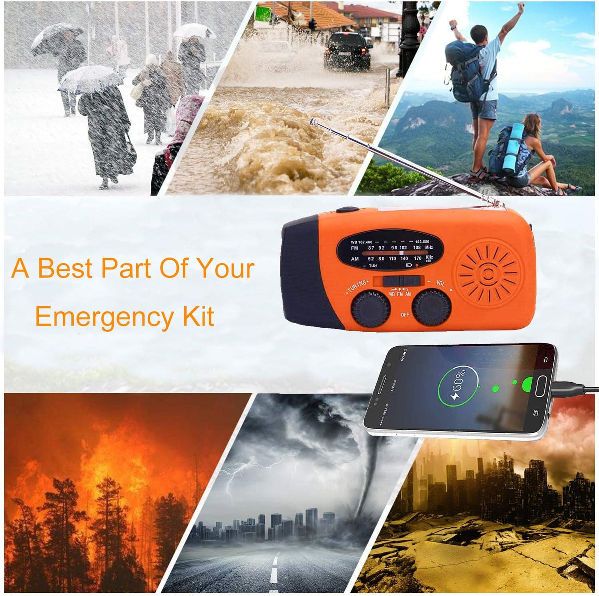 SOLARBABY Wind Up Solar Radio, Emergency Hand Crank Self Powered AM/FM Survival Solar Weather Radio with LED Flashlight,SOS Alarm,2000mAh Emergency Power Bank for Smart Phone (M-Orange)