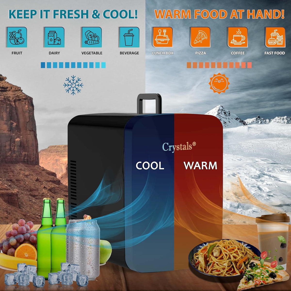 Crystals Mini Fridge, 10L Table Top Small Fridge Cooler & Warmer for Car Bedrooms Desk Office, 12V DC - 220 AC, Energy Efficient (Black)
