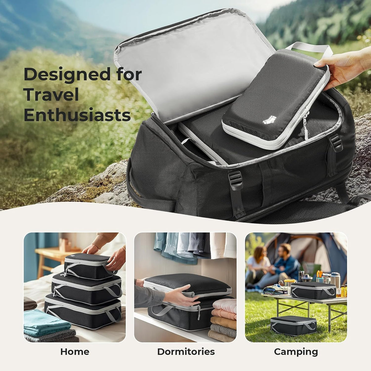 Samfolk Compression Packing Cubes for Suitcases Packing Cubes Compression Set Waterproof Suitcase Organiser Bags for Travel Suitcase Luggage Packing Organizer Bags Travel Essentials Black 8 Set