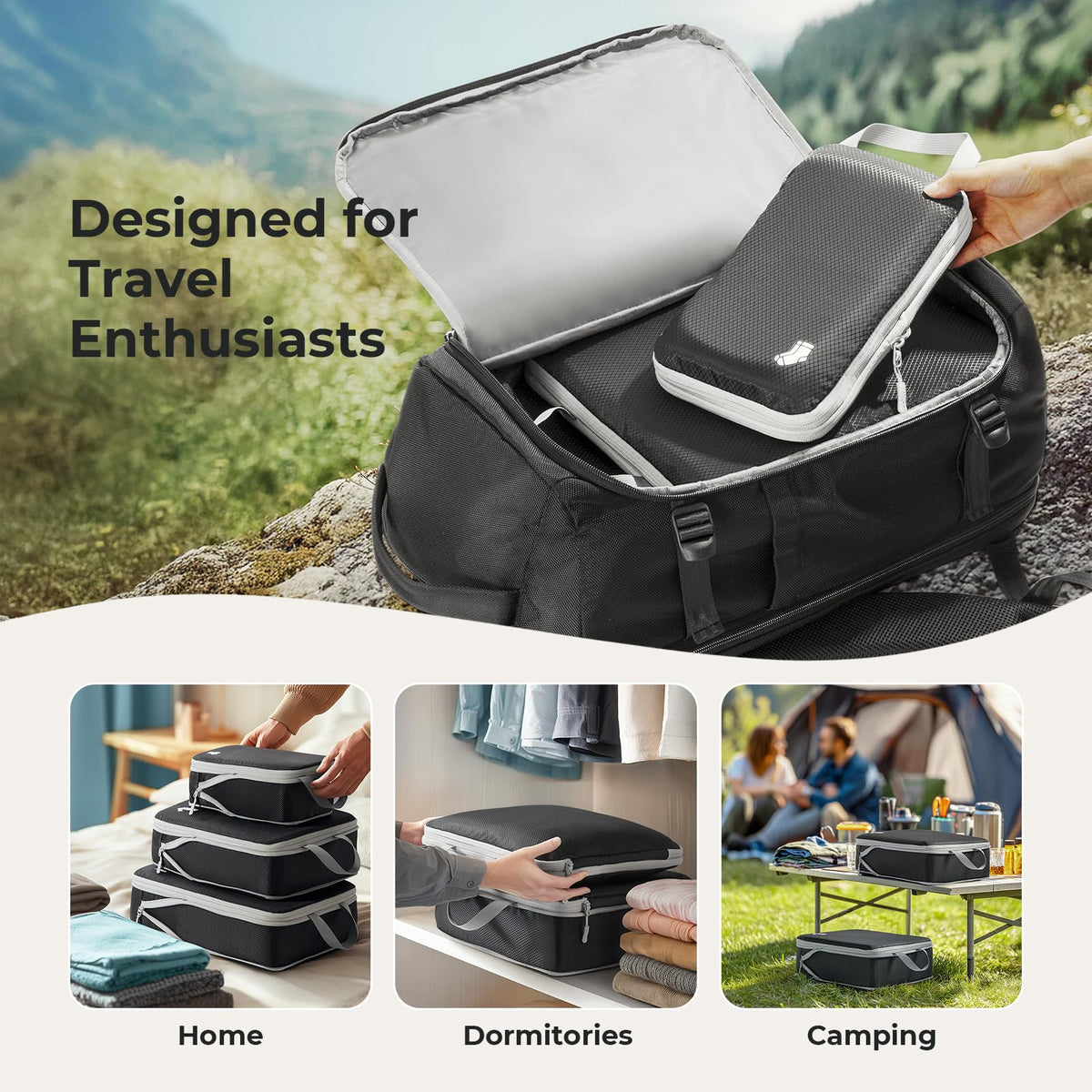 Samfolk Compression Packing Cubes for Suitcases Packing Cubes Compression Set Waterproof Suitcase Organiser Bags for Travel Suitcase Luggage Packing Organizer Bags Travel Essentials Black 8 Set