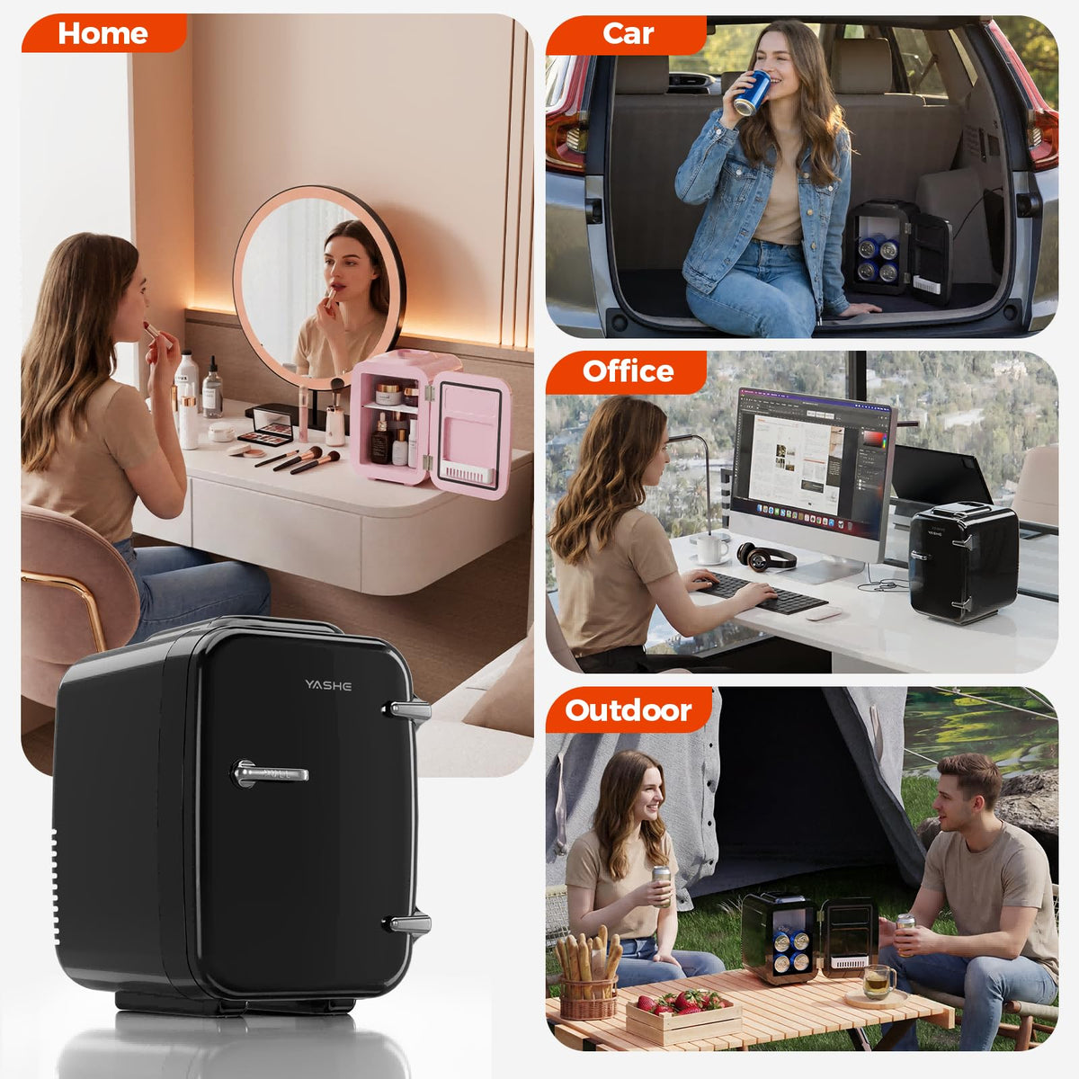 YASHE Mini Fridge, 4 Liter/6 Cans Portable Cooler and Warmer, AC/DC Power Small Fridge, Quiet Desk Skincare Fridge for Beauty Drinks Medicine, Mini Fridge for Bedrooms Office Dorm Car Travel, Pink