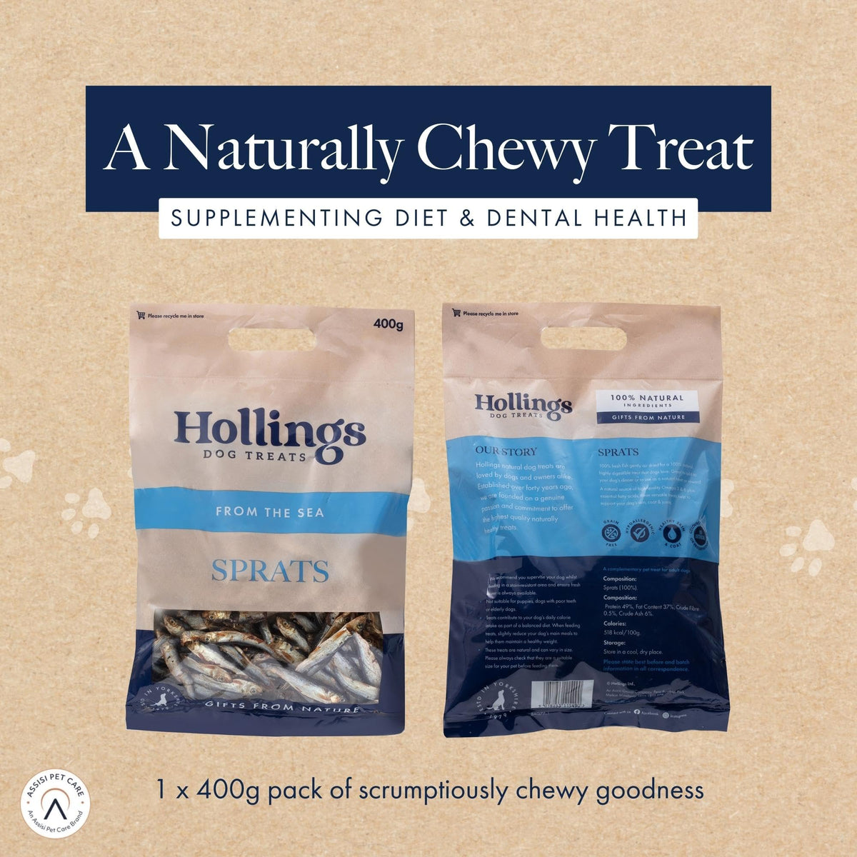 Hollings Sprats Dog Treats, 100% Natural with Fresh Fish Air Dried Treats for Dogs, Hypoallergenic and Grain Free 100g (Pack of 10)