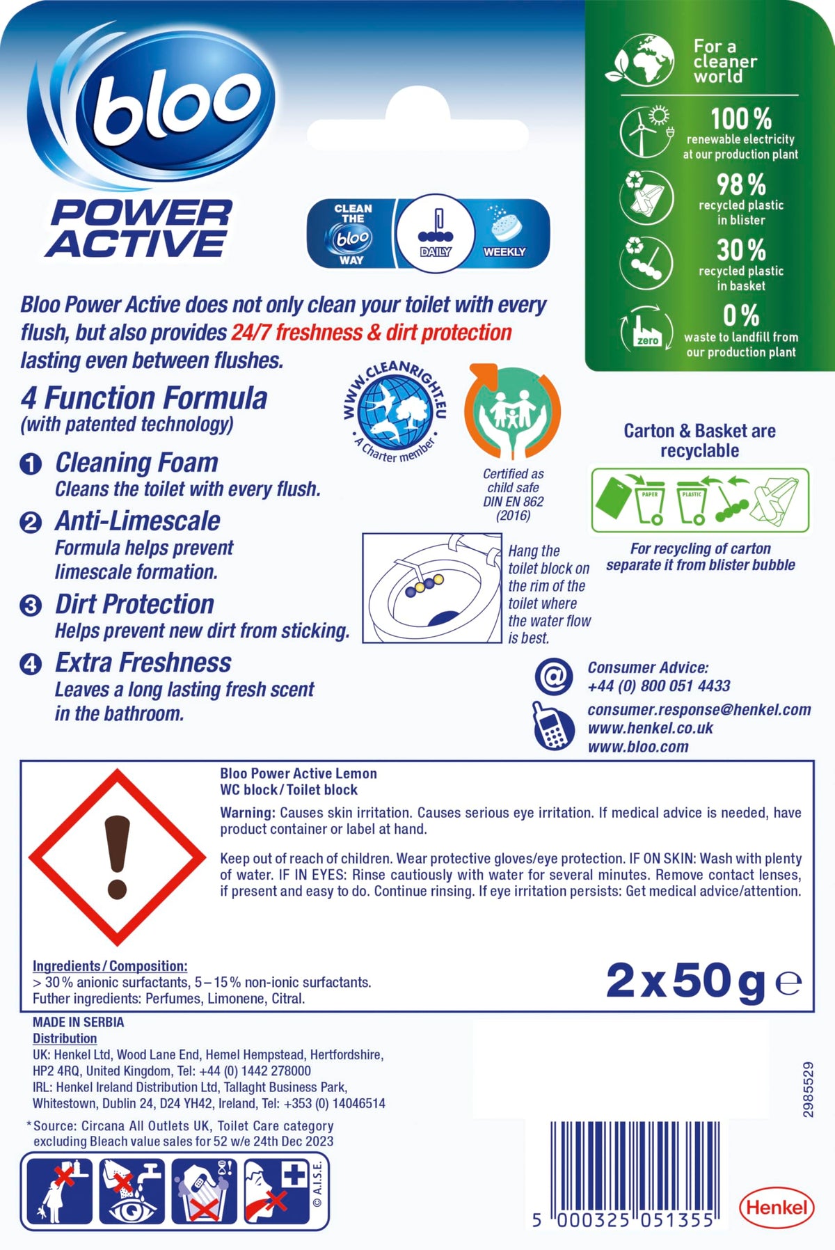 Bloo Power Active Toilet Rim Block & Freshener, Fresh Flowers, Pack of 1