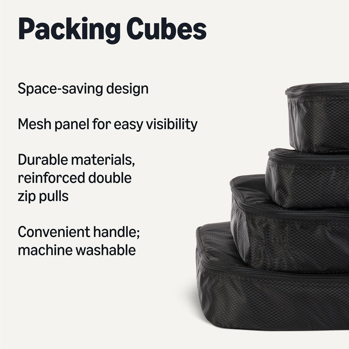 Amazon Essentials 4-Piece Packing Cubes Travel Accessories Set, Luggage Organiser with Double Zip, Mesh Top, 100% Polyester, Medium, Black (Previously Amazon Basics)