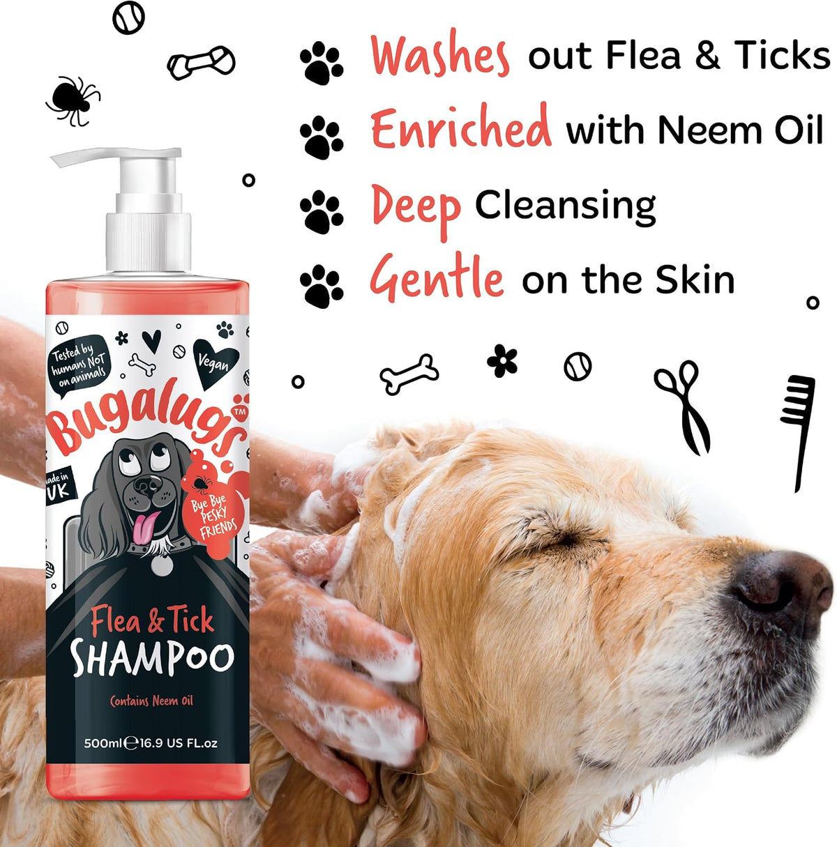 Flea and Tick Dog Shampoo by Bugalugs, Works on Smelly Puppies & Dogs, Contains Neem Oil PH Balanced Vegan Used by Professional Groom