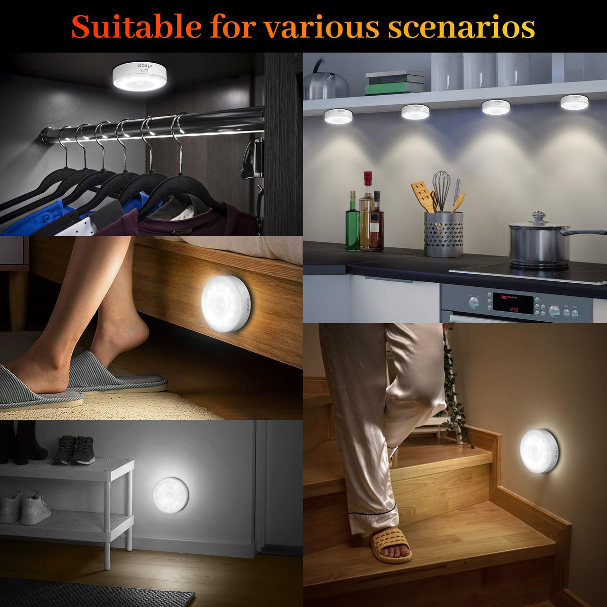 daphomeu Motion Sensor Lights Indoor,6 Pack Wireless USB Rechargeable Cupboard Lights,Stick on Wall Night Light,Battery Operated for Stair Wardrobe Corridors Closet Under Cabinet Kitchen Puck Lights