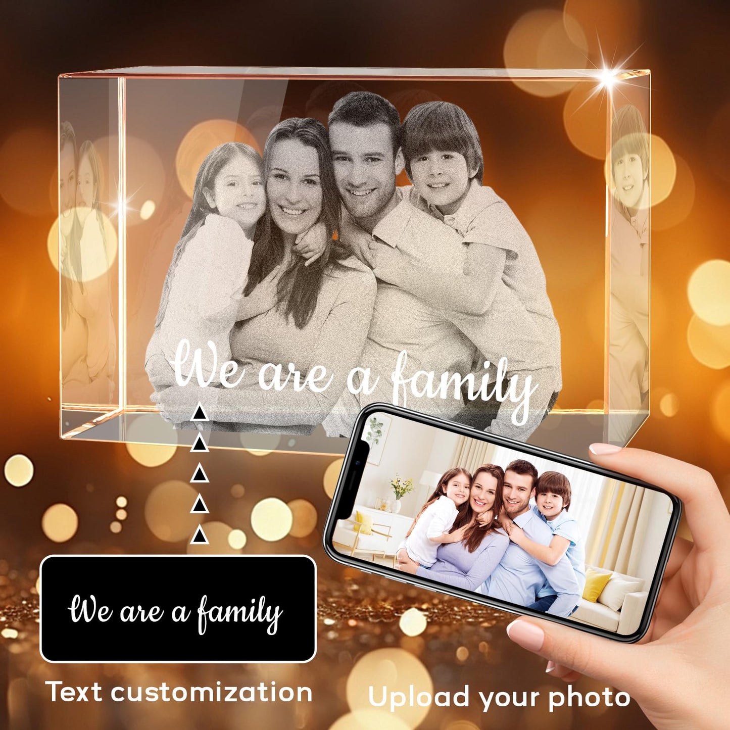 Personalised 3D Crystal Photo Gift, Custom Gifts with 3D Laser Etched, Engraved Inside the Crystal Using Your Photo Customized Memorial Custom Mother’s Day Picture Gift (Cuboid)