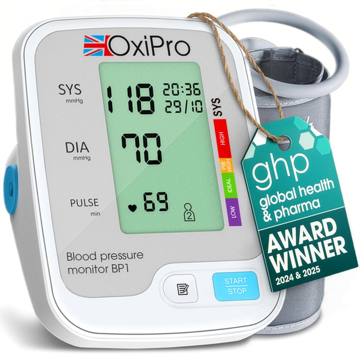 OxiPro BP1 Blood Pressure Monitors - Health & Pharma Recommended - BP Blood Pressure Machines for Home Use with Heart Rate Monitor & Large Cuff - Blood Pressure Monitors, White