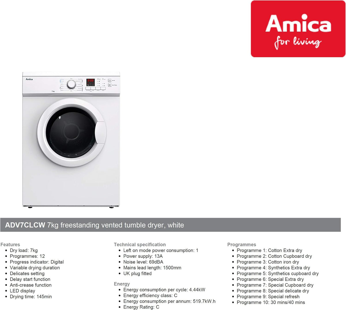 Amica ADV7CLCW Tumble Dryer Vented White Freestanding 7 Kilogram C Energy Rating 69dB Noise Level Digital Display Delay Start