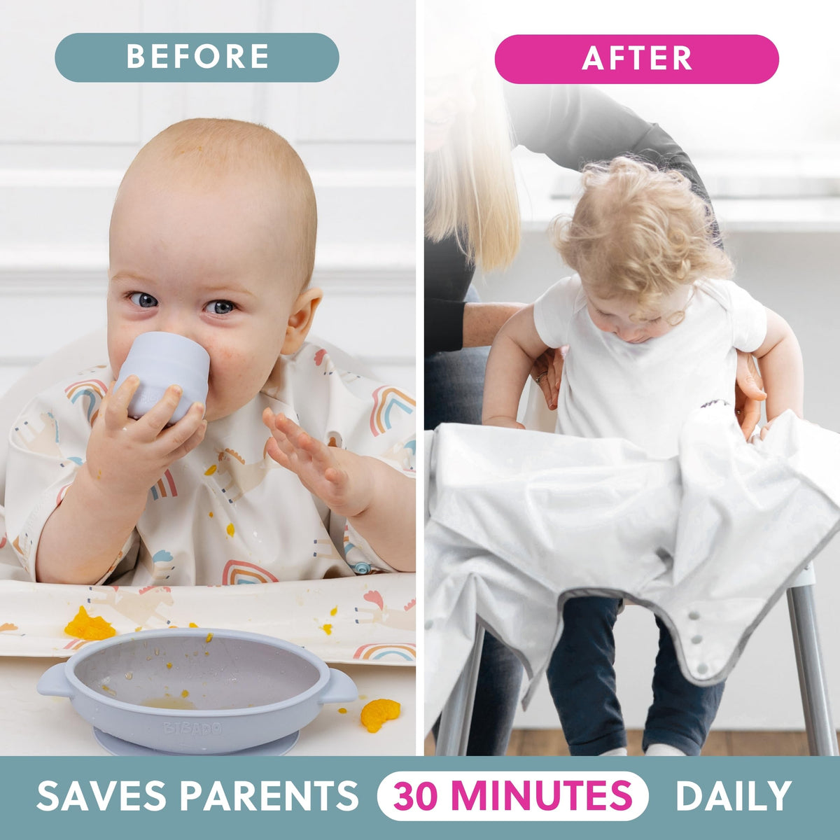 BIBaDO Long Sleeve Baby Bibs - Coverall Weaning Bib with Highchair Strap
