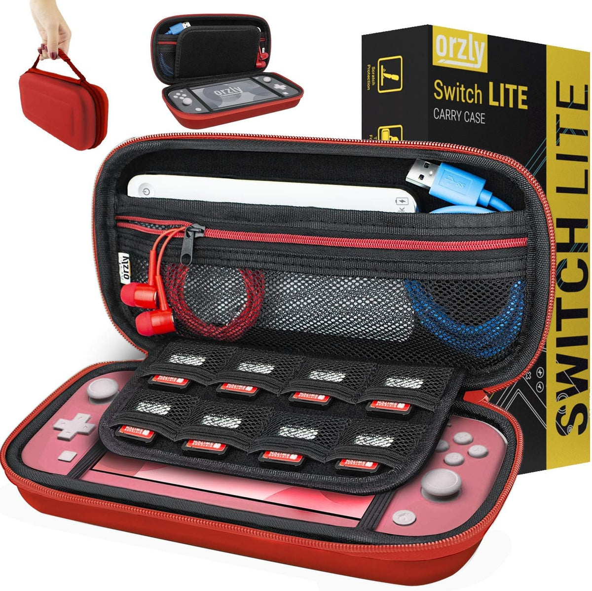 Orzly Carry Case for Nintendo Switch Lite Protective Hard Shell Portable Travel Carry Case with Storage for Accessories & Game Cartridges (Red & White)