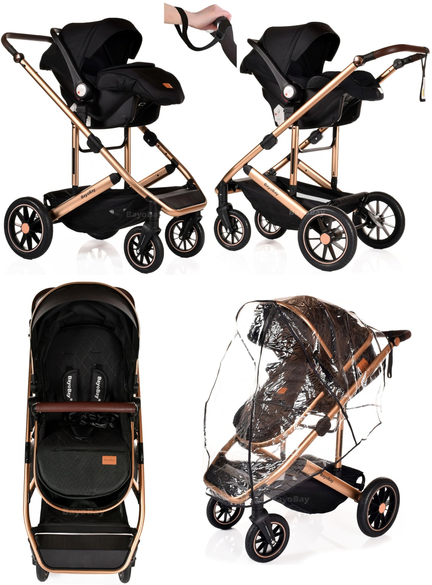 3 in 1 Baby Pram Travel System with Car Seat Lightweight Buggy Foldable Pushchair for Newborn and Toddlers up to 22kg NEW 2025 Style (Black - Gold)
