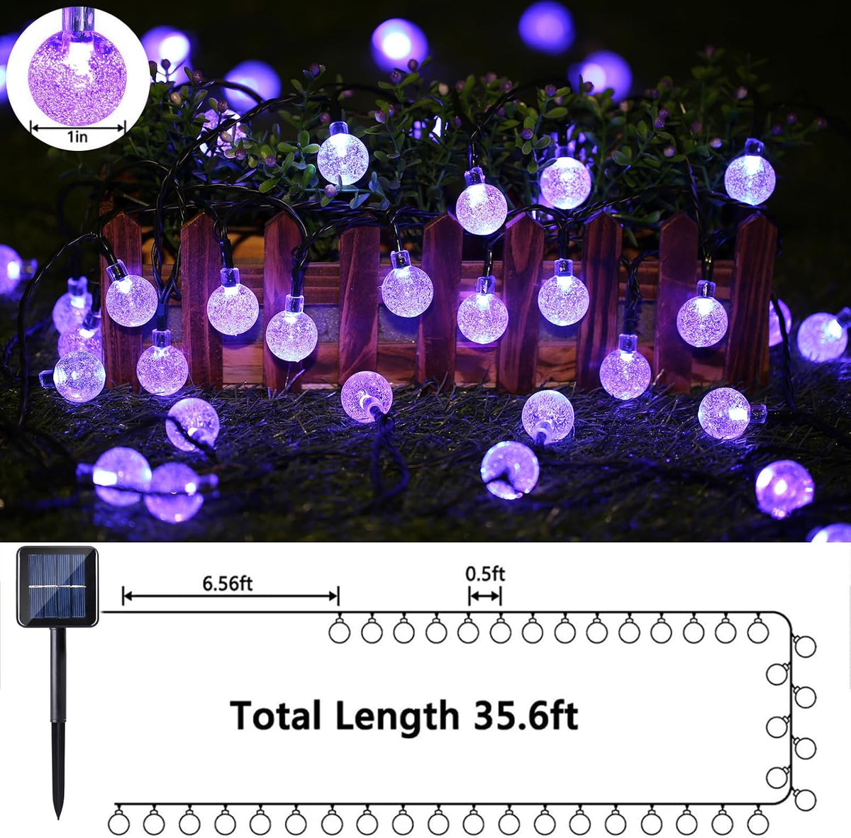 Moxled Solar Garden Lights Outdoor, 36ft 60 LED String Waterproof, Powered Crystal Ball Indoor/Outdoor Fairy Decorative for Garden, Patio, Yard, Festival, Parties (Purple)