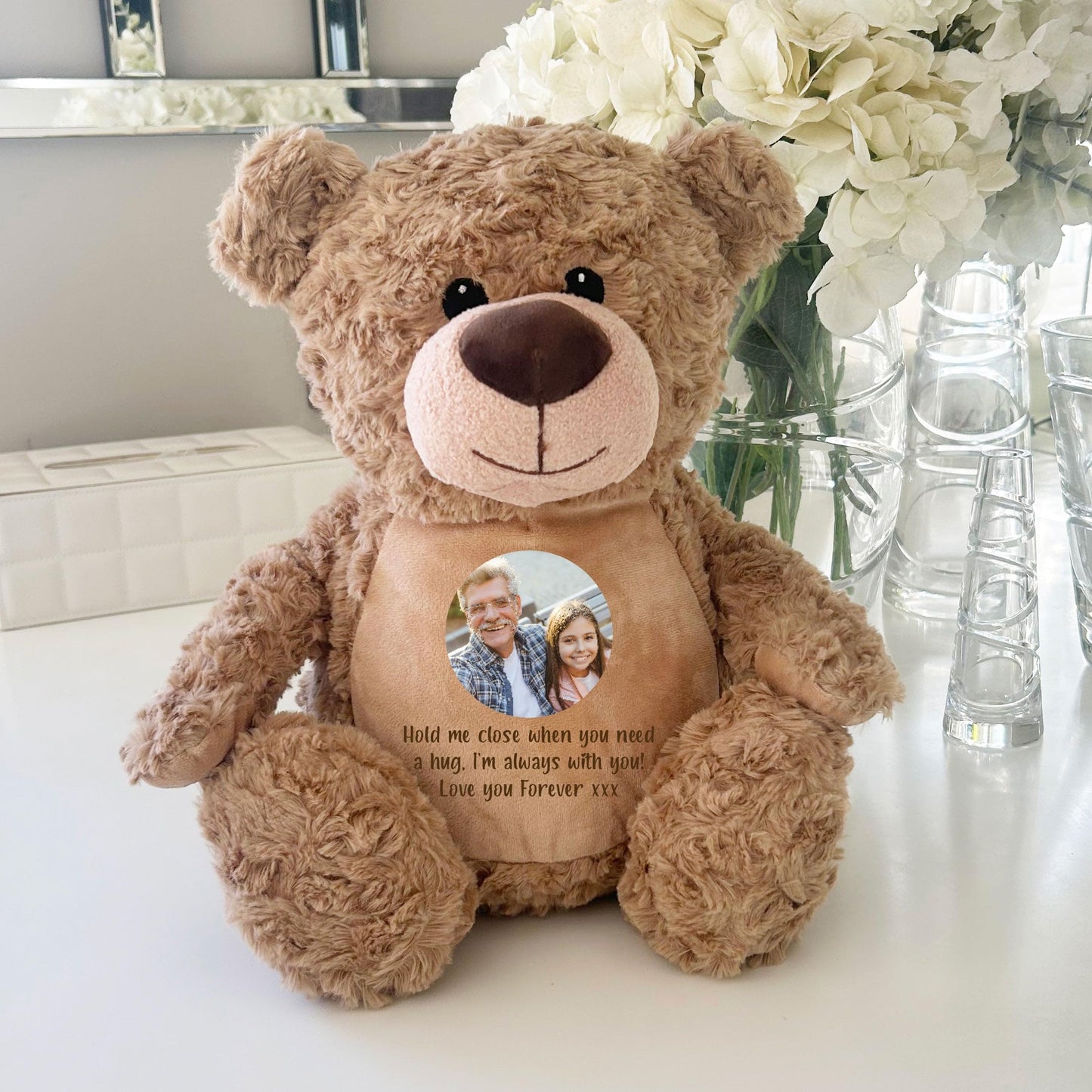 Large Personalised Photo Ashes Keepsake Memory Teddy Bear - Grey | Metal Heart Shaped Tin Ashes Urn | Bereavement Memorial Keepsake | Custom Photo & Message | Sympathy Gift | 42cm Tall