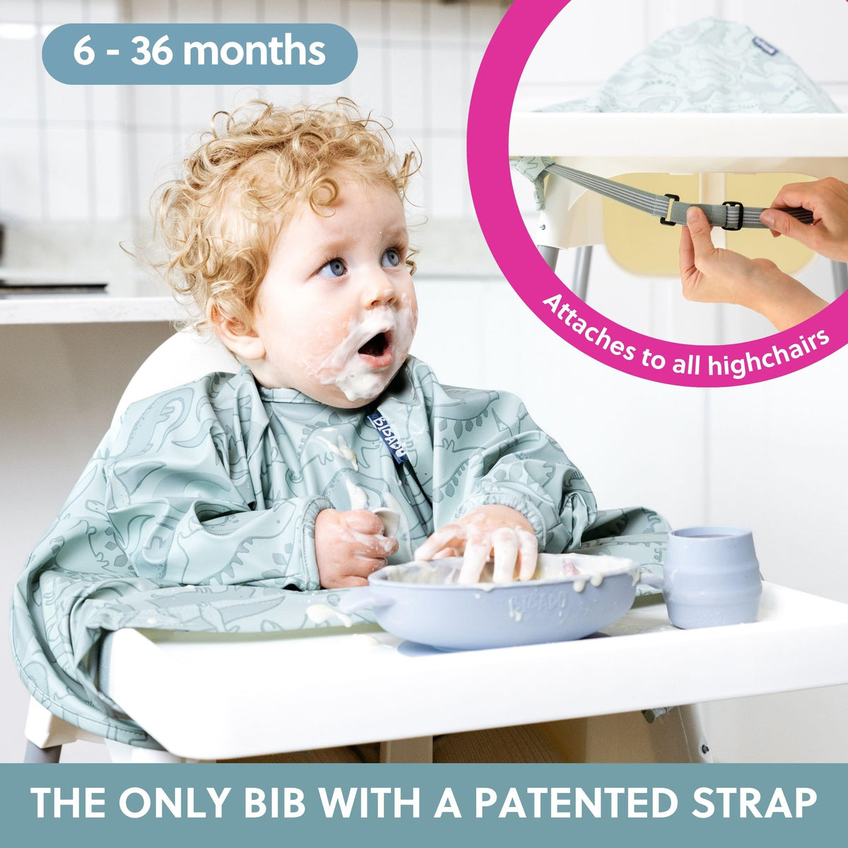 BIBaDO Long Sleeve Baby Bibs - Coverall Weaning Bib with Highchair Strap