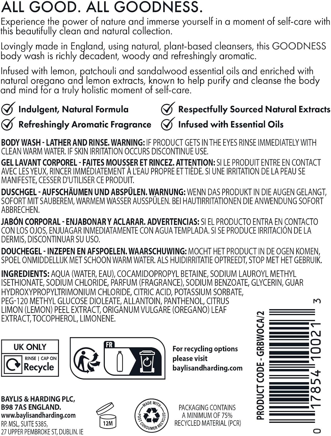 Baylis & Harding Goodness Natural Body Wash 500ml 3 pack