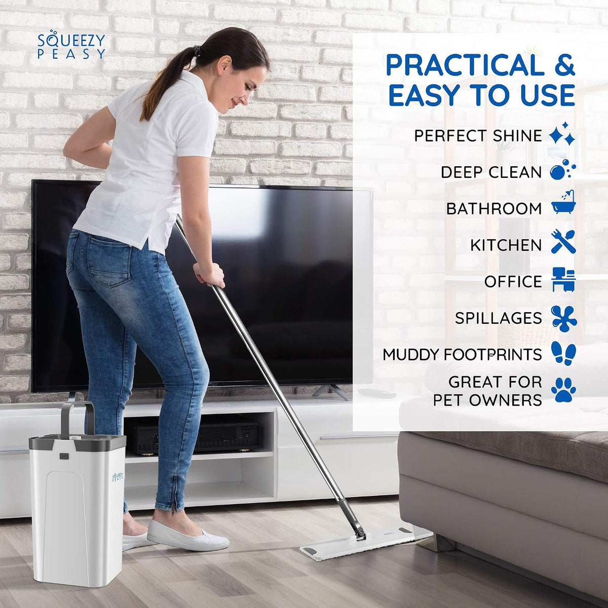 SqueezyPeasy Premium Flat Mop and Bucket Set, Separates Clean & Dirty Water