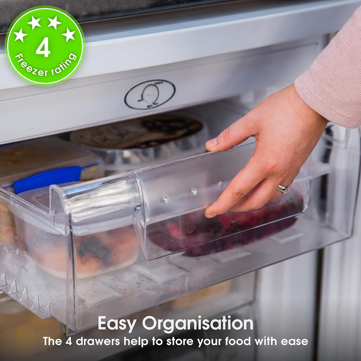 Abode Under Counter Freezer 55cm Wide Freestanding White 91 Litre with 4 Drawers, Adjustable Feet & Reversible Door, 4 Star Freezer, Suitable for Garages & Outbuildings A85UCFZ552E1W (White, 55 cm)