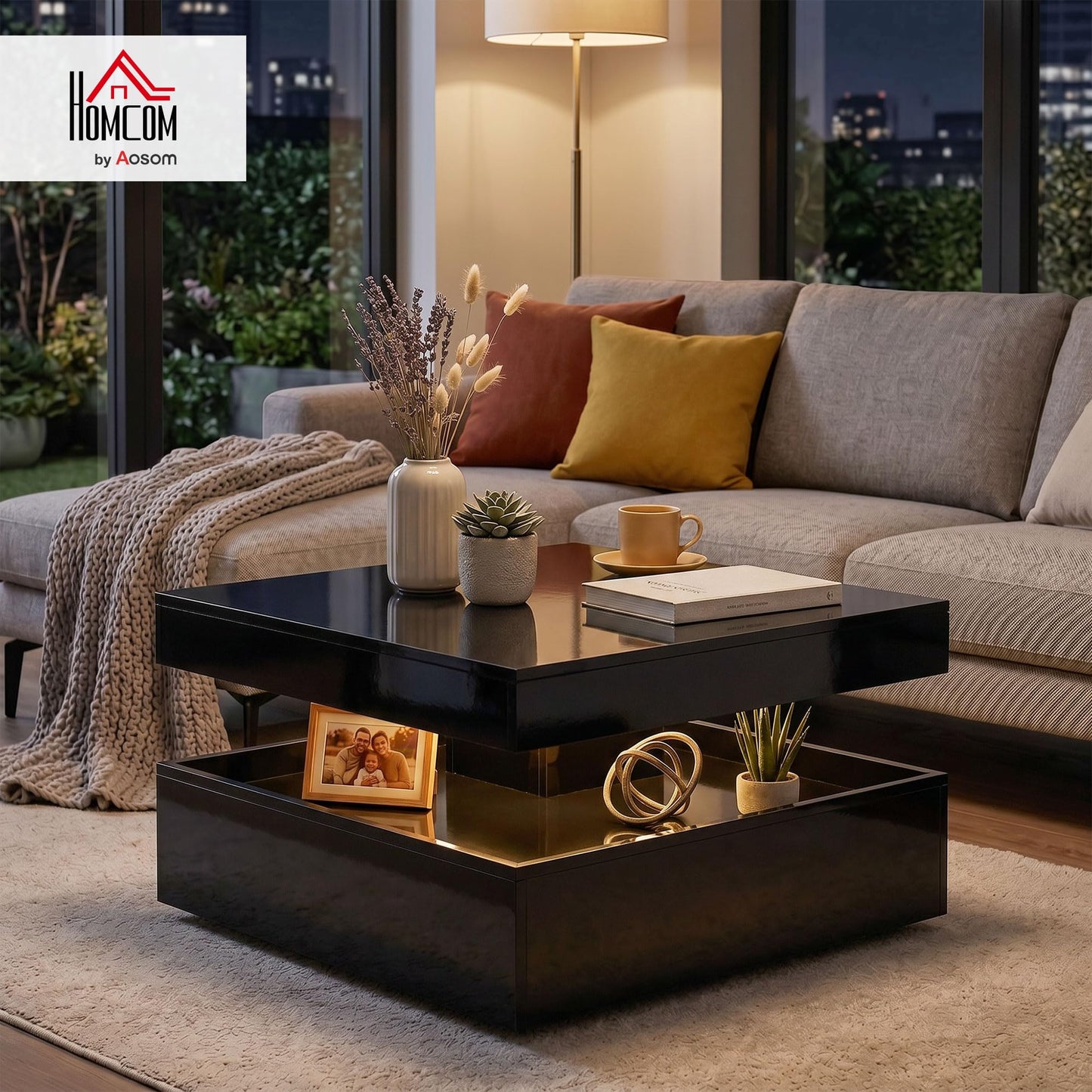 HOMCOM LED Coffee Table with Storage, 2-Tier Modern Centre Table with Open Shelf and Remote for Living Room, High Gloss White