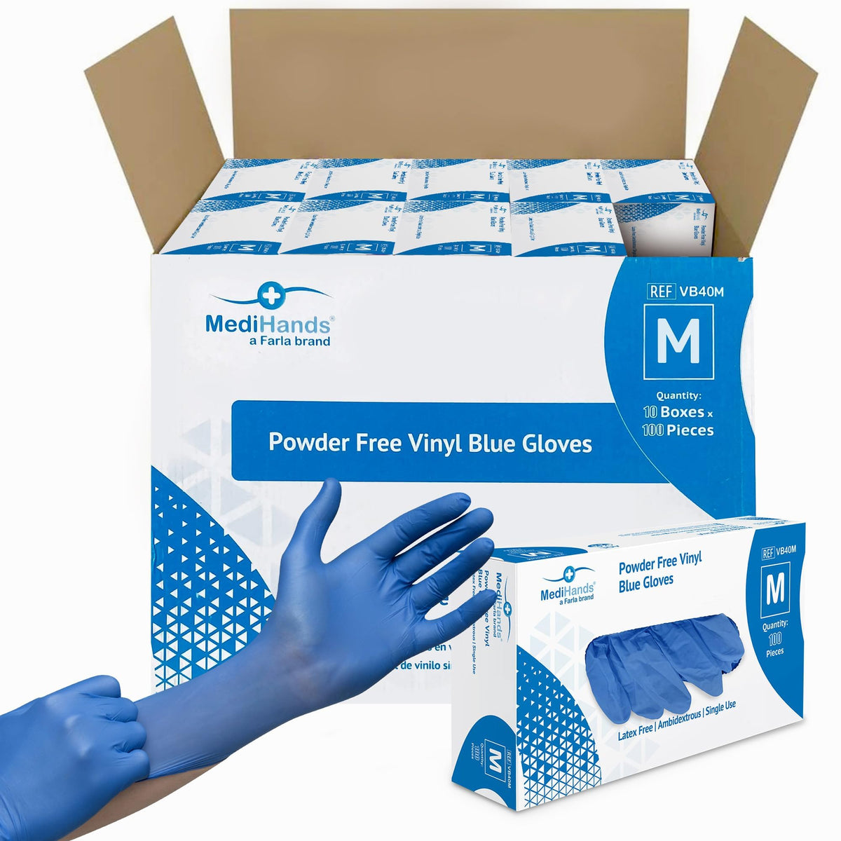 Farla MediHands Blue Medium Vinyl Gloves - Box of 100 Disposable Vinyl Gloves - Medical Gloves - Powder Free, Latex Free, & Protein Free Gloves - Multi-Purpose, Single Use