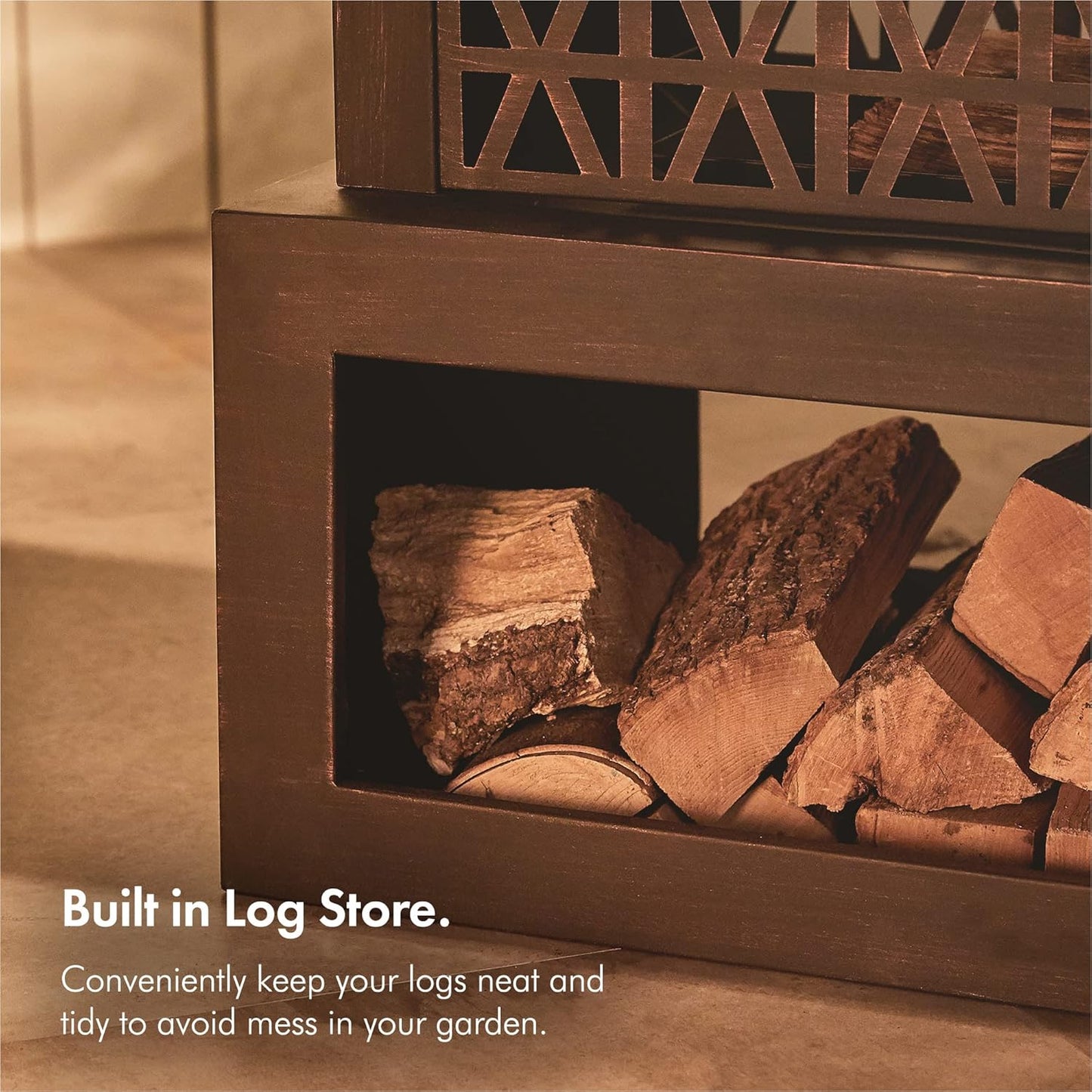 VonHaus Outdoor Fireplace, Fire Pit with Log/Wood Store for Garden, Patio, Fuel with Wood, Logs, Charcoal, Brushed Metallic Finish, Geometric Design, Steel, Weather Resistant, Includes Fire Poker