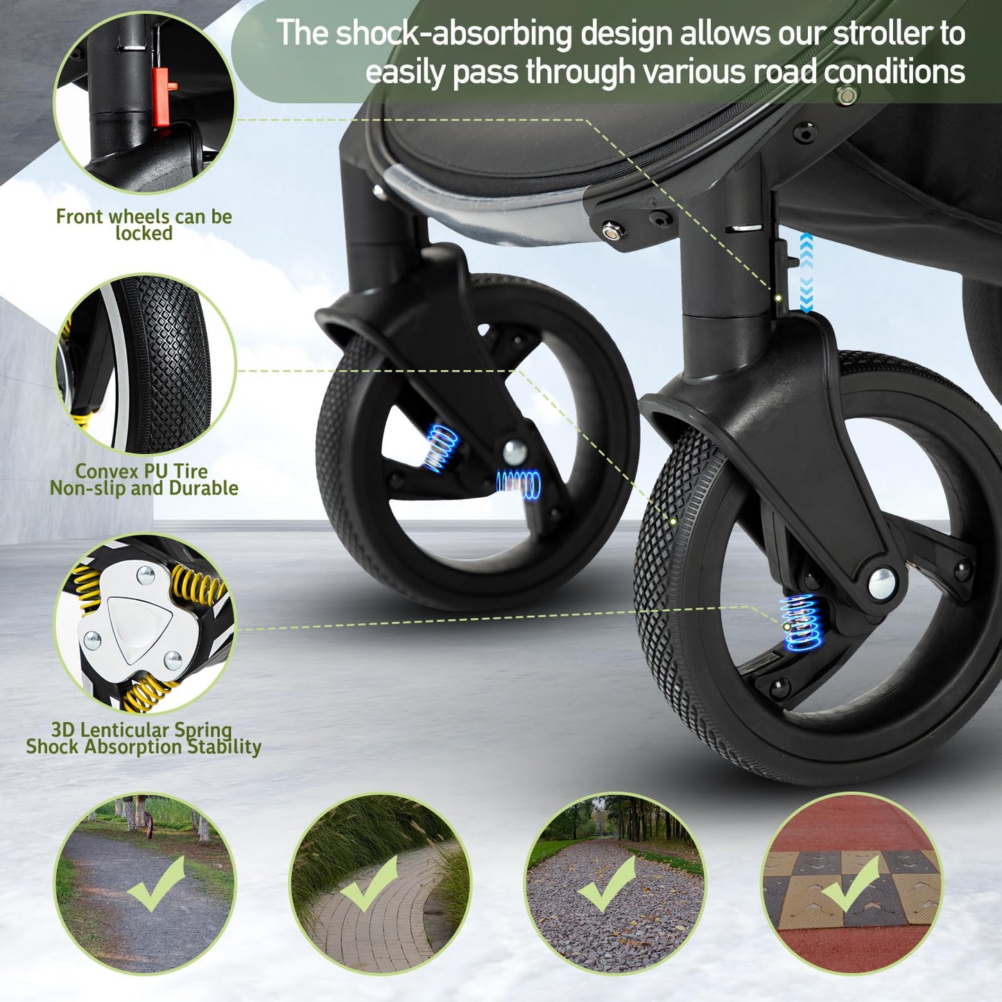 Zkipm Baby Pram 3 in 1, Foldable Baby Stroller,Pram Set Travel with Adjustable-Height Push Handle, Present Rain Cover, Mosquito Net, Bag, Cooling Mat, ect for Ages 0–3