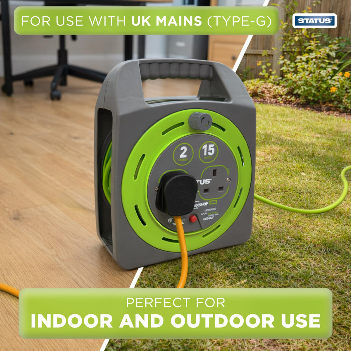 IONOS 2 Socket Cable Reel, 10m Outdoor Garden Extension Lead, DIY
