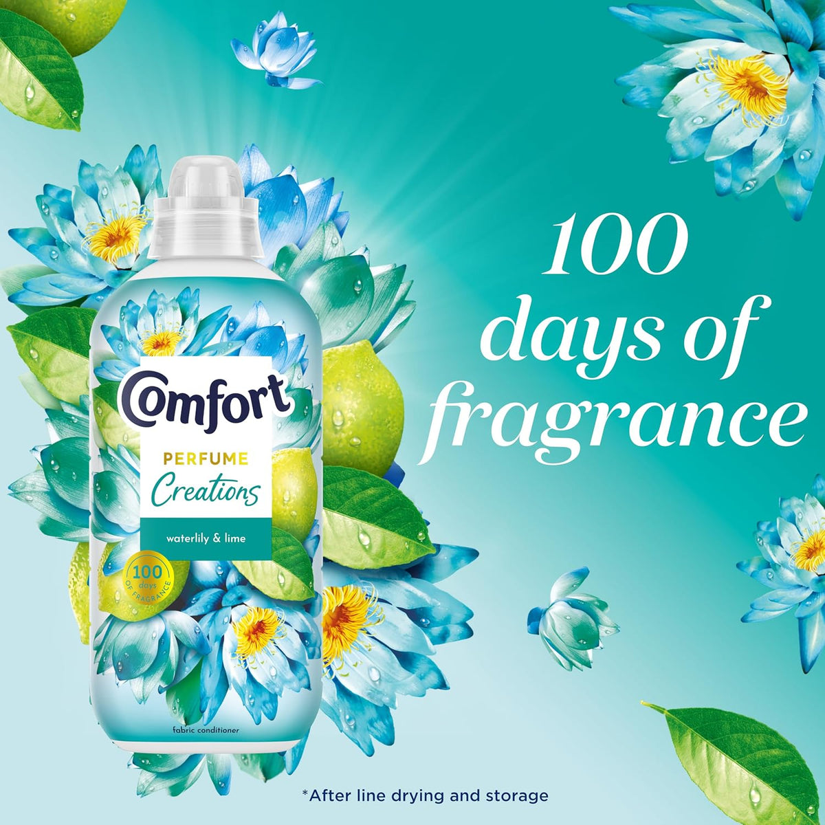 Comfort Waterlily & Lime Fabric Conditioner with Stay Fresh technology for 100 days of freshness + fragrance* 8x 900 ml (240 washes)