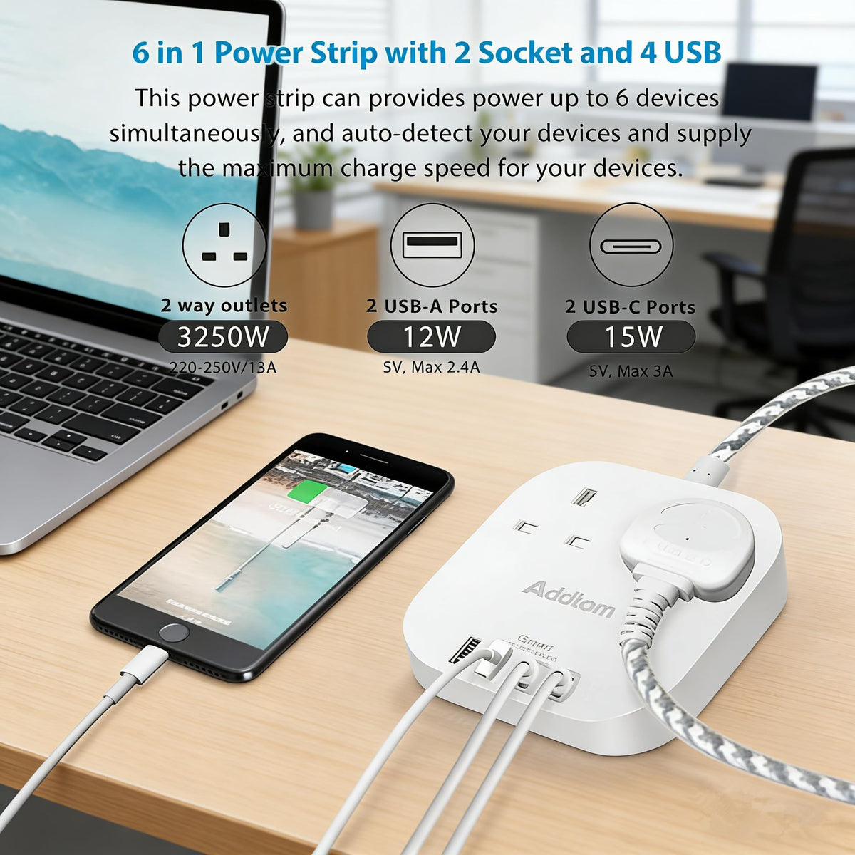 Addtam 3M Extension Lead with USB Slots, Power Strips with 2AC Outlets 4USB
