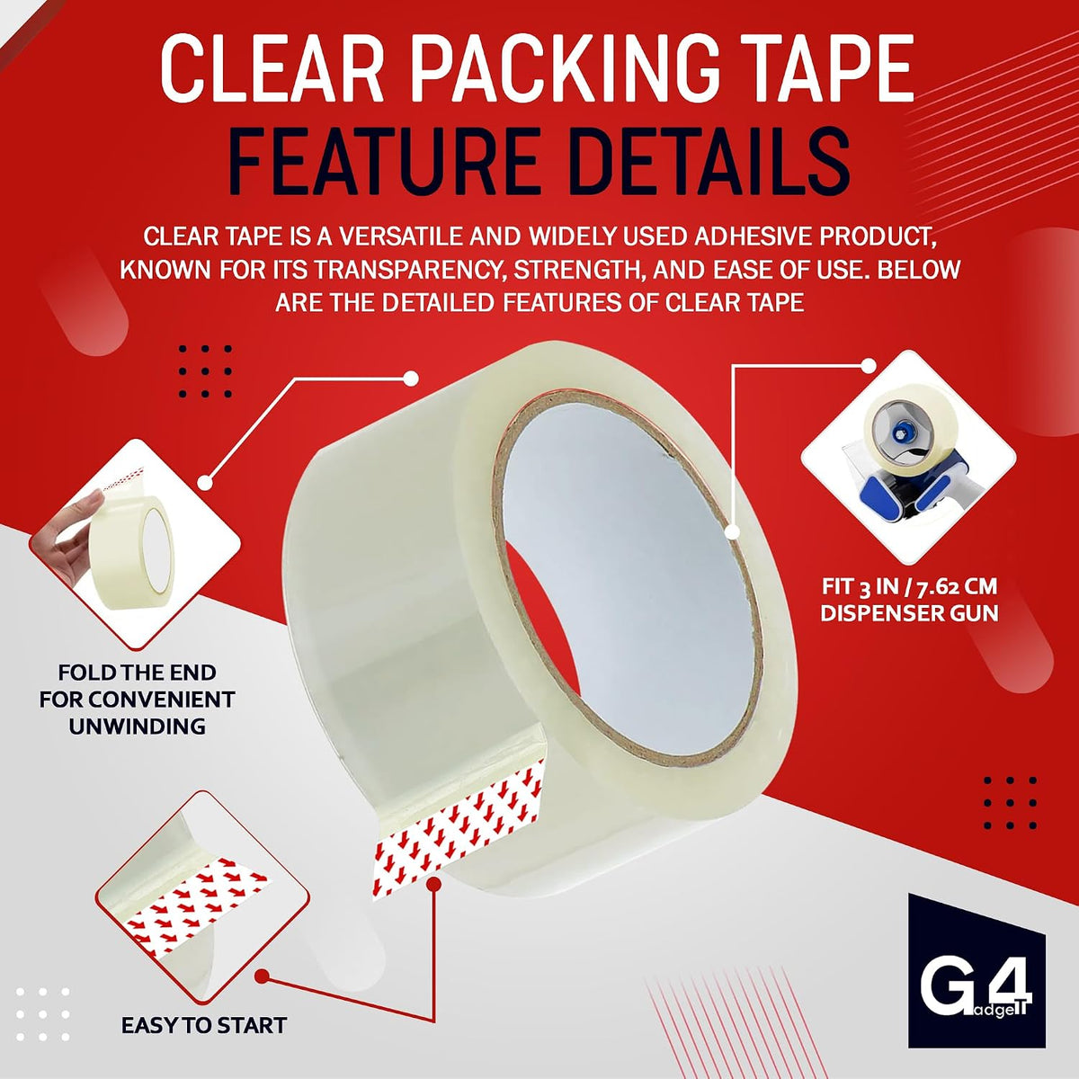 G4GADGET Pack of 3 Clear Packing Tape - Heavy Duty Transparent Tape 48mm x 66m - Ideal for Moving, Packing Boxes, and Secure Packaging