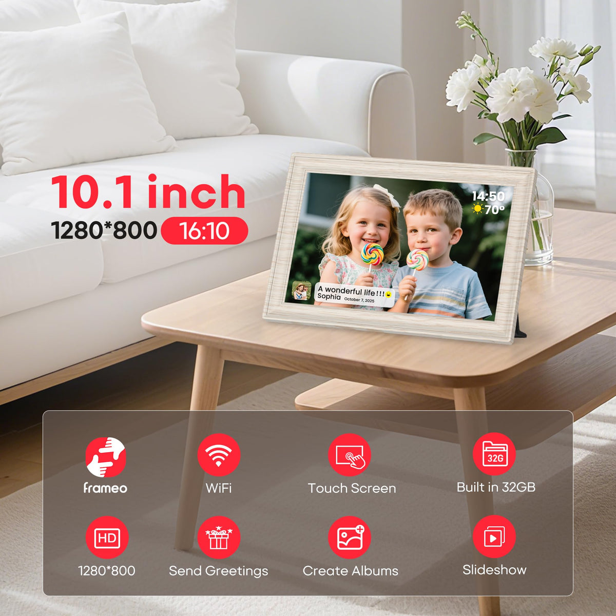 Frameo WiFi Digital Photo Frame 10.1 Inch - 1280x800 HD IPS Touch Screen Picture Frame Electronic, 32GB Memory, Auto Rotate, Wall Mountable, Digital PictureFrame for Sharing Photos and Videos