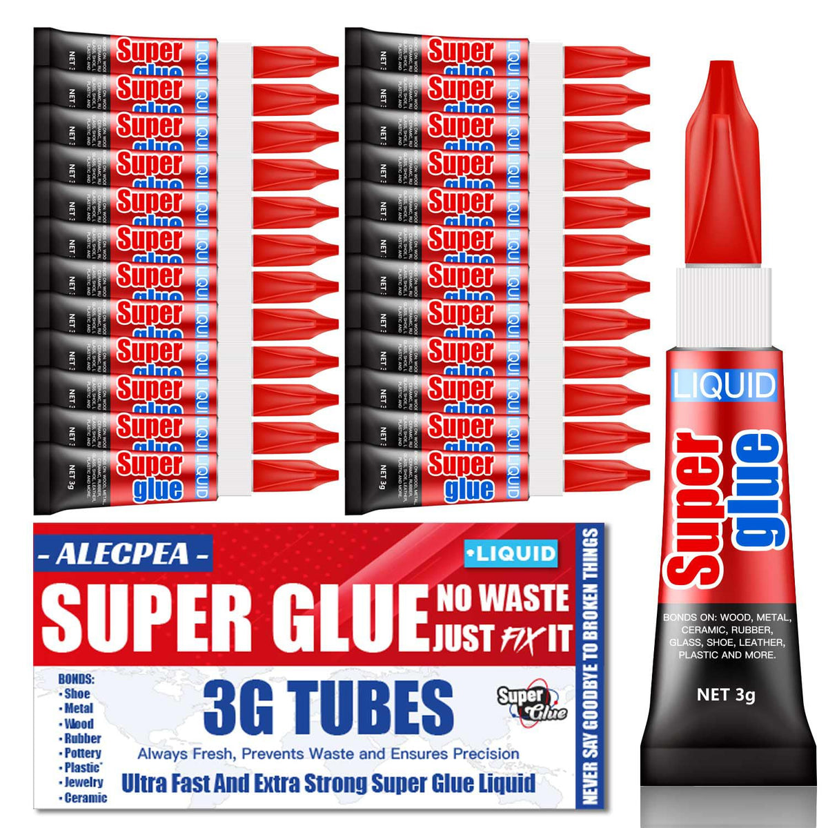 3g (12 Pack), Super Glue Liquid, All Purpose, Fast Setting, Ideal for Metal, Ceramics, Leather & More
