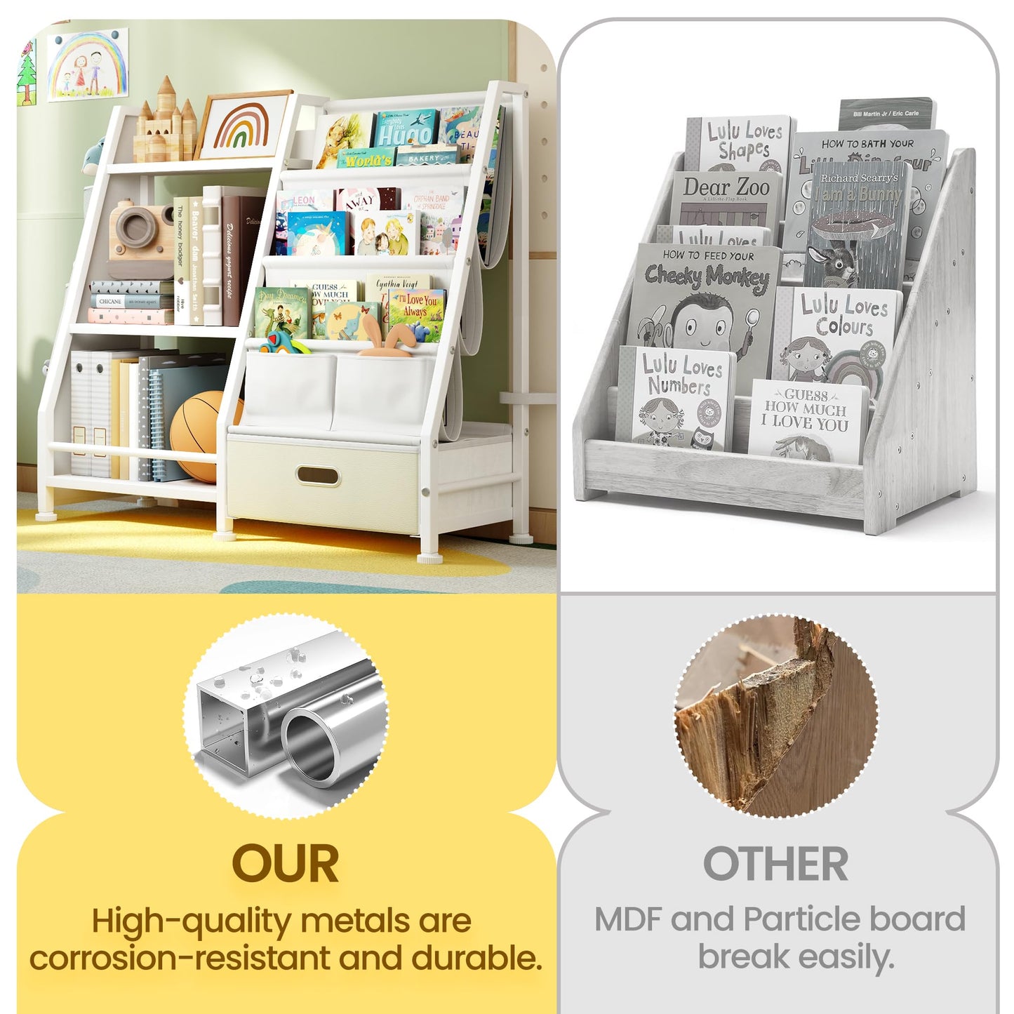 GoTiling Kids Bookshelf and Toy Storage Organizer: 3-Tier Sling Book Shelf with 3 Side Pockets for Kids Room - Toy Storage Organizer with 2 Fabric Drawers for Nursery, Bedroom, Playroom
