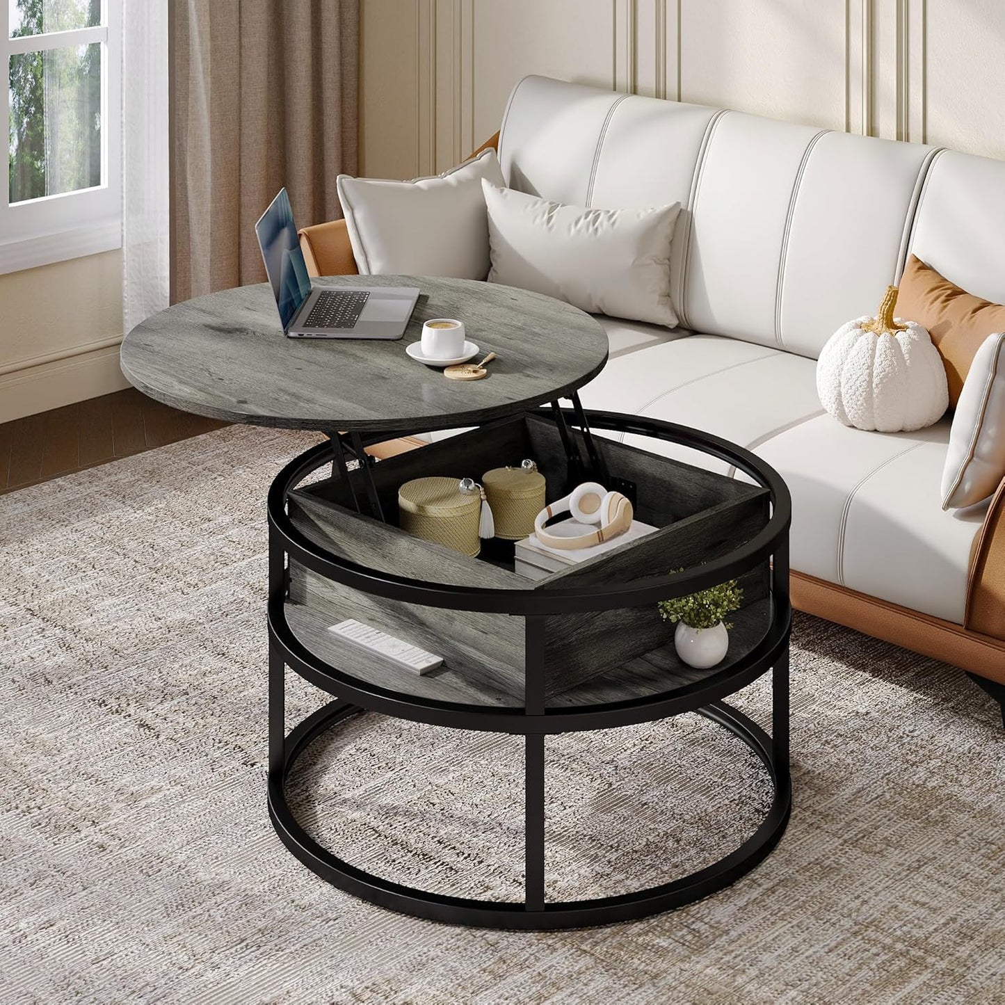 YITAHOME Coffee Table with Lift Top, lift up Coffee Table Round with Hidden Storage Compartment, 60x60x47cm
