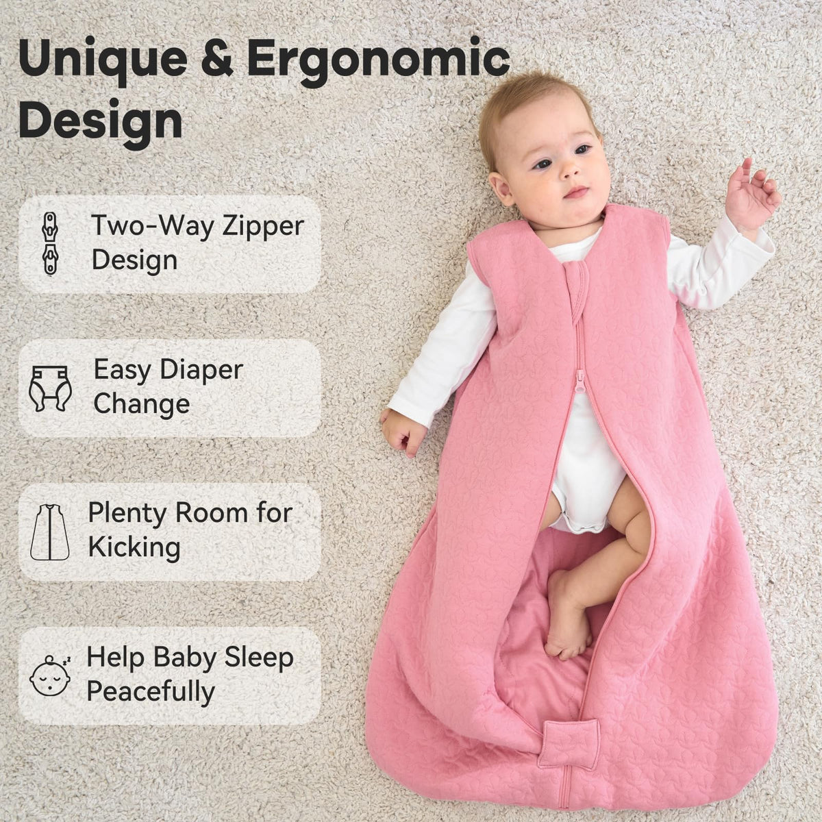 Unnivoll Baby Sleeping Bag 2.5 Tog 0-6 Months 100% Cotton Winter Sleeping Bag Baby 2-Way Zipper Quilted Sleep Sack for Newbron Infant Warm Soft Apricot