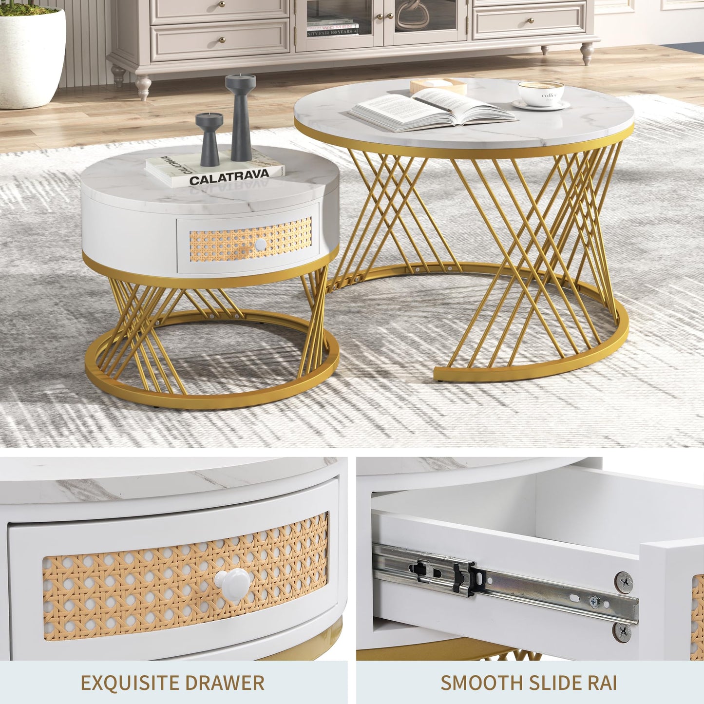 ModernLuxe 2-in-1 Coffee Table, Multi-functional Side Table with Marble Grain Veneer Top, Rattan Drawers, Solid Wood Handles, Gold Coloured Iron Legs, Round Nest of Tables for Living Room, Black