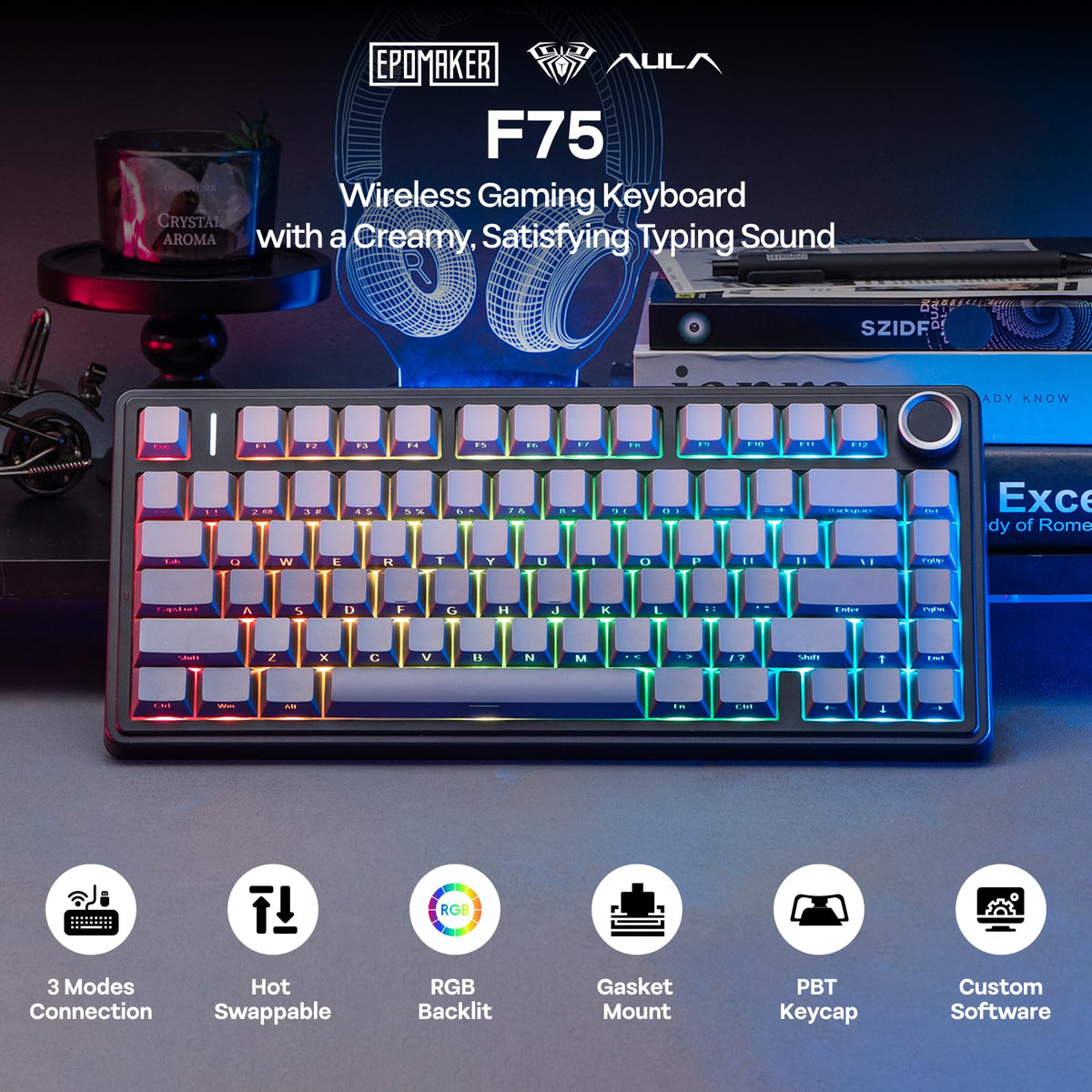 EPOMAKER AULA F75 Wireless Mechanical Gaming Keyboard, 75% Layout with Knob
