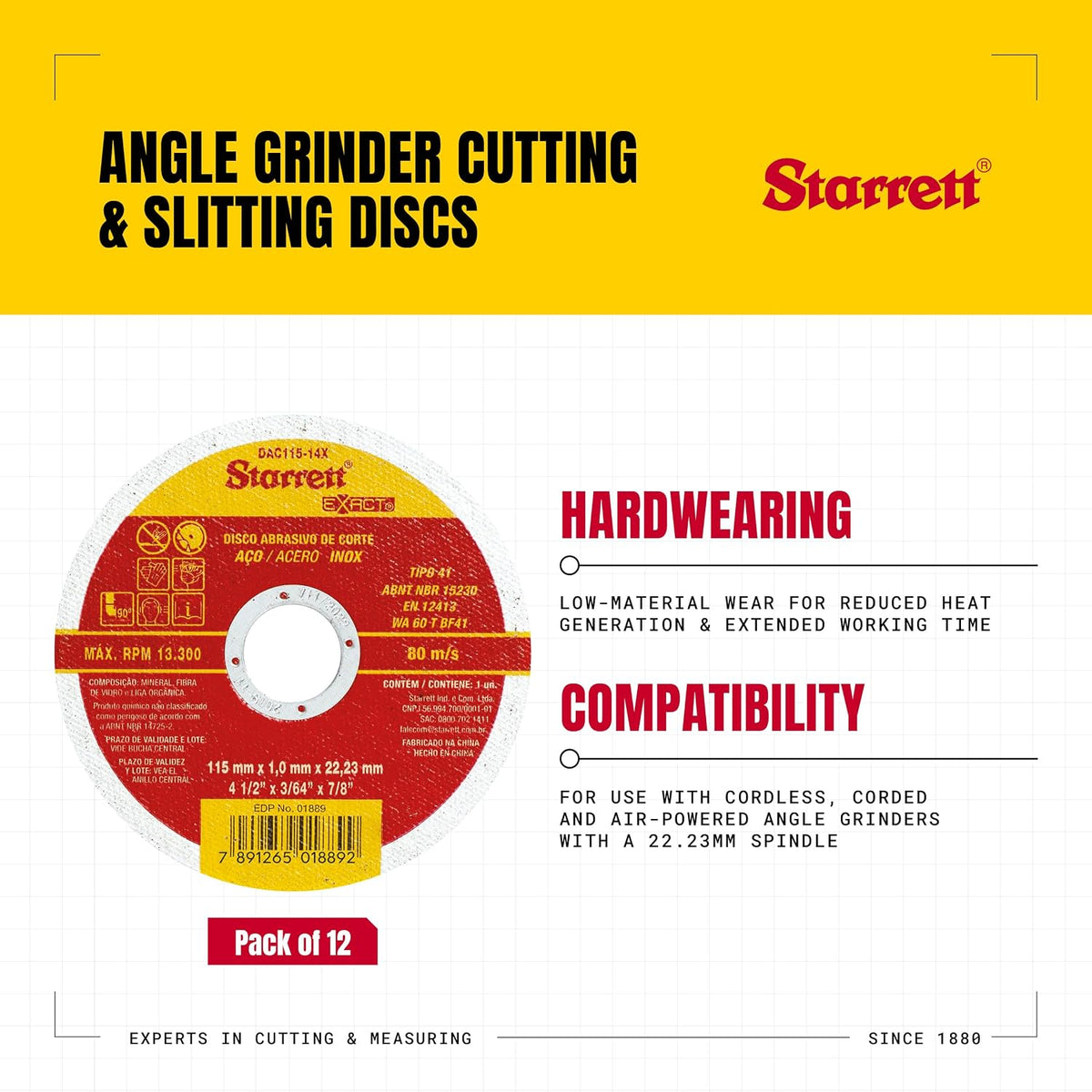 Starrett Angle Grinder Cutting & Slitting Discs - Pack of 12 - For Stainless Steel, Metals & Plastics - 115 x 1mm with 22.23mm Bore - 4.5" Cut-Off Wheel