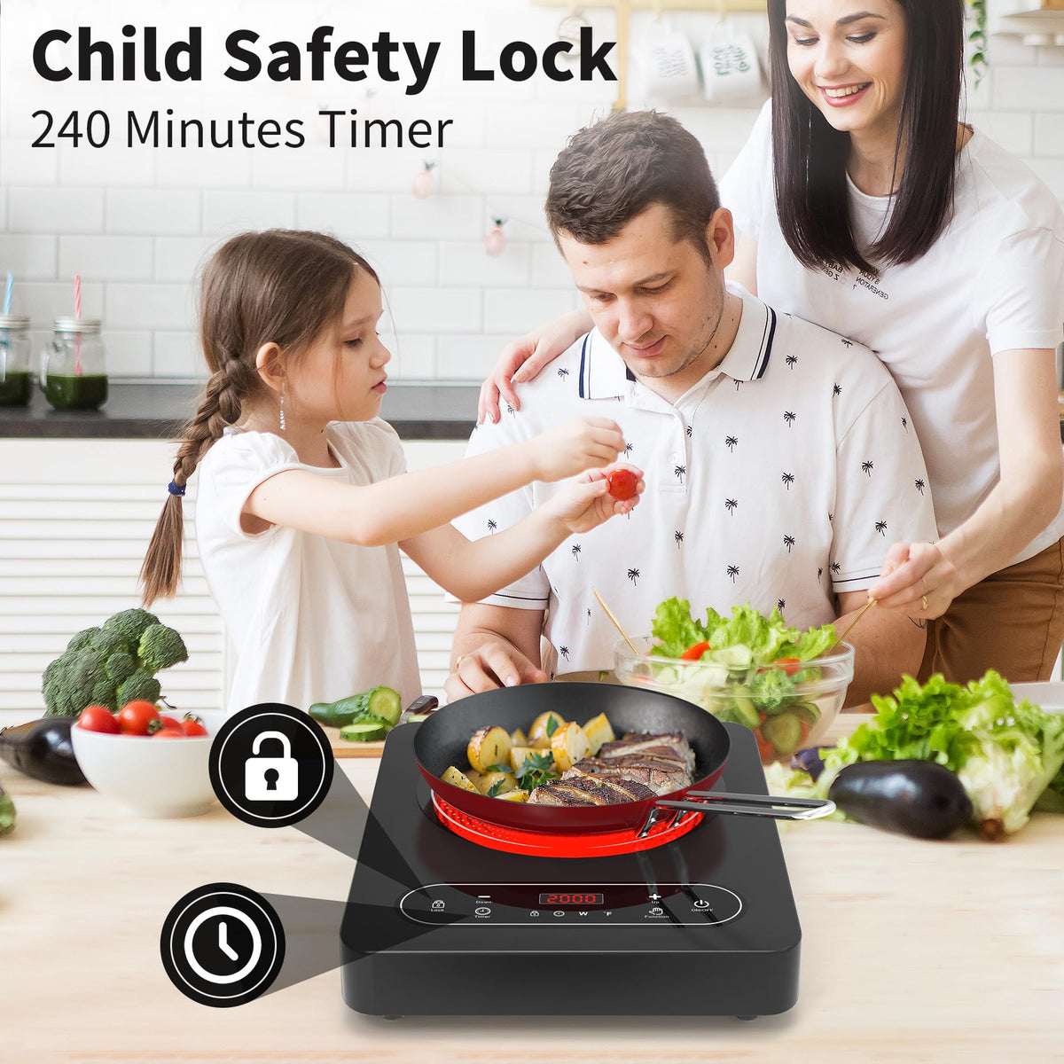 VBGK Double Induction Hob,220V 3600W 2 Ring Induction Hob with Knob Control,9 Power Levels, Kids Lock & Timer,LED Touch Control,Overheat Protection