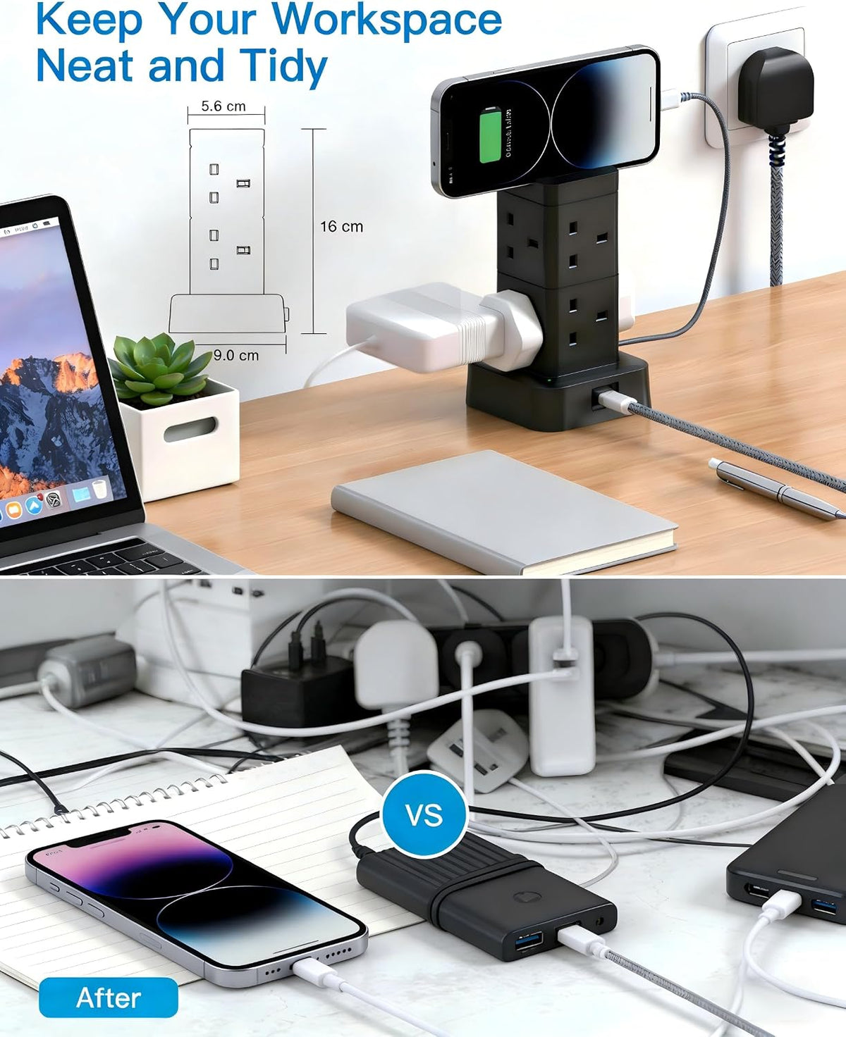 5M Extra Long Tower Extension Lead with 2 USB C, 8 Way Outlets Power Strip