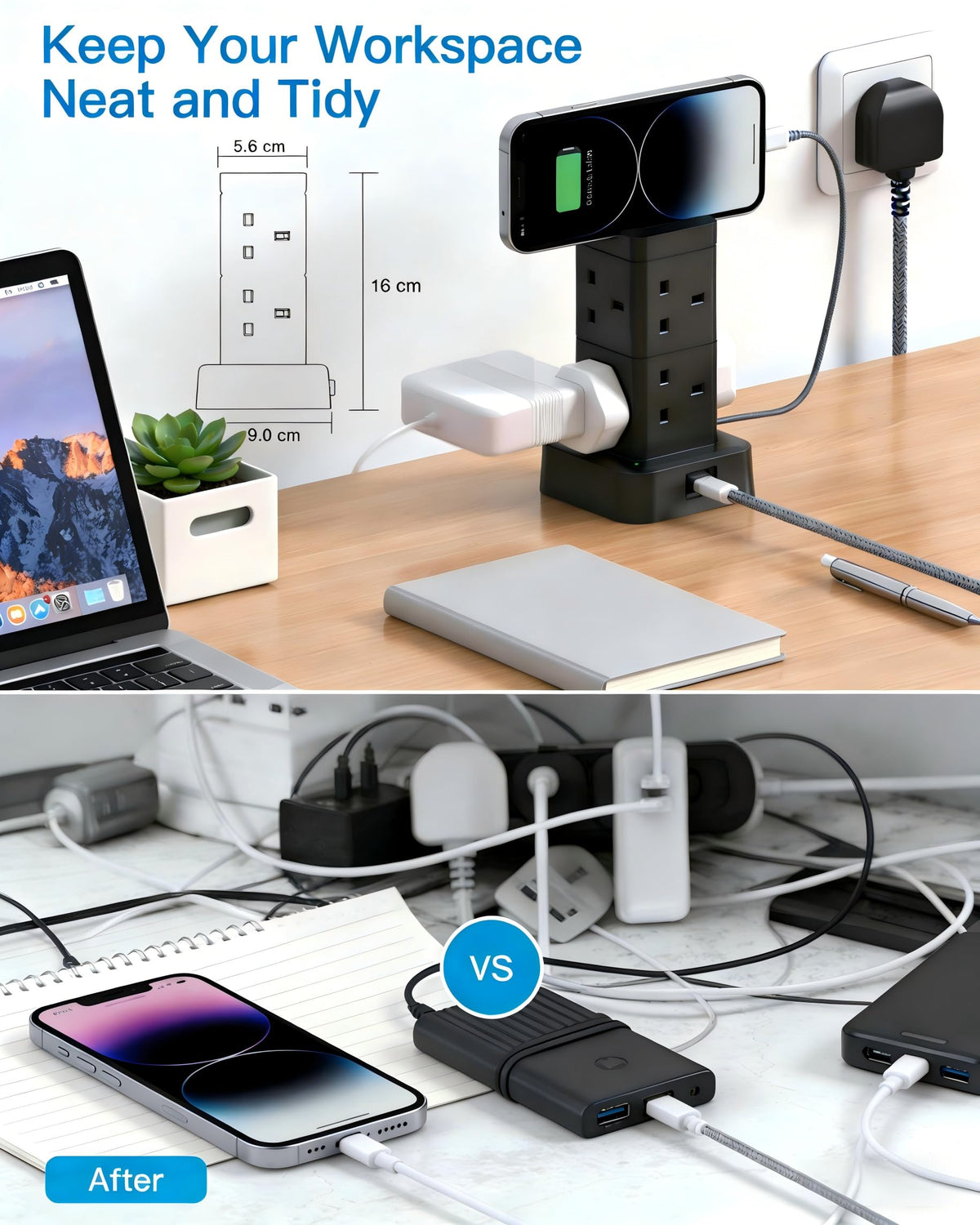 5M Extra Long Tower Extension Lead with 2 USB C, 8 Way Outlets Power Strip