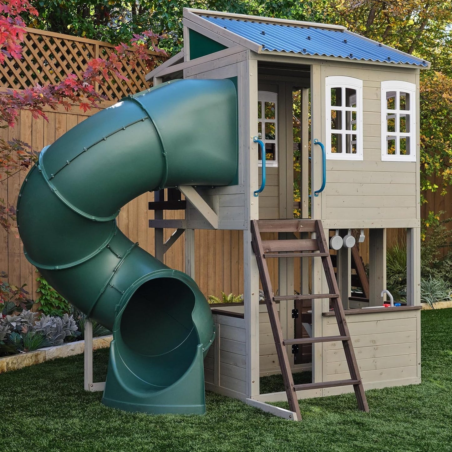 KidKraft Wooden Playhouse with Tube Slide – 2 Storey Outdoor Playground for Kids, Climbing Frame with Turbo Tube Slide & Rock Wall, Garden Play Tower
