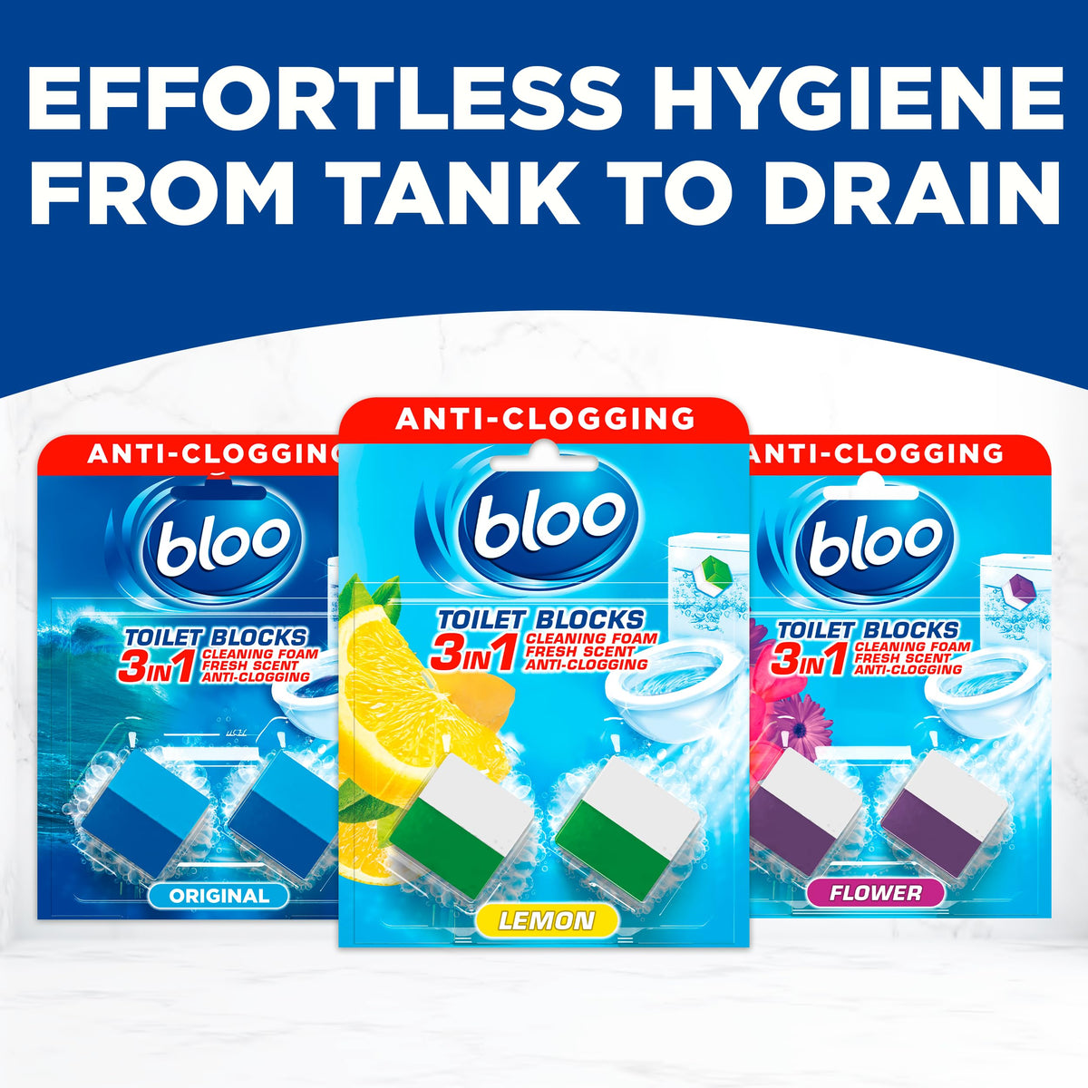 Bloo New 3in1 Toilet Blocks, Pack of 2, Toilet Limescale Remover Cistern Block, Toilet Cleaner Block with Cleaning and Foaming Action, Toilet Fresheners - Limescale Prevention